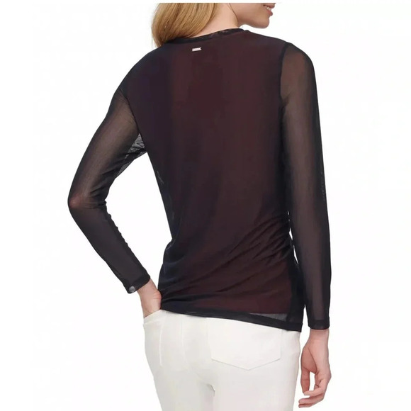 *NWT* DKNY Top with Twist Front and Mesh Overlay in Navy/Russet, S, Blue, Orange - Picture 3 of 10